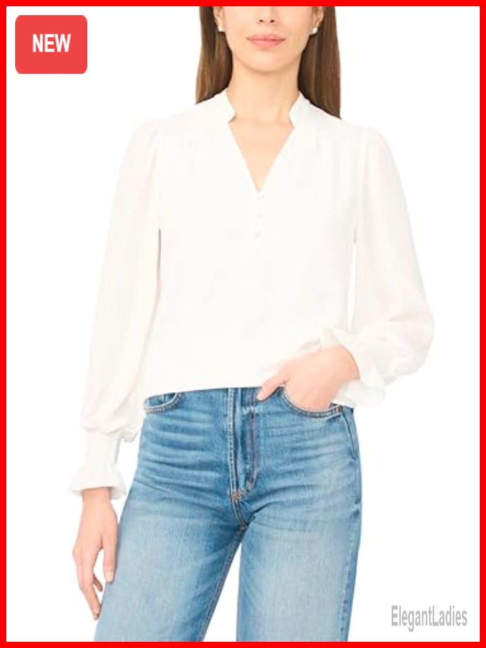 CeCe Half Placket Smocked Blouse Long Sleeve V-Neck Top
